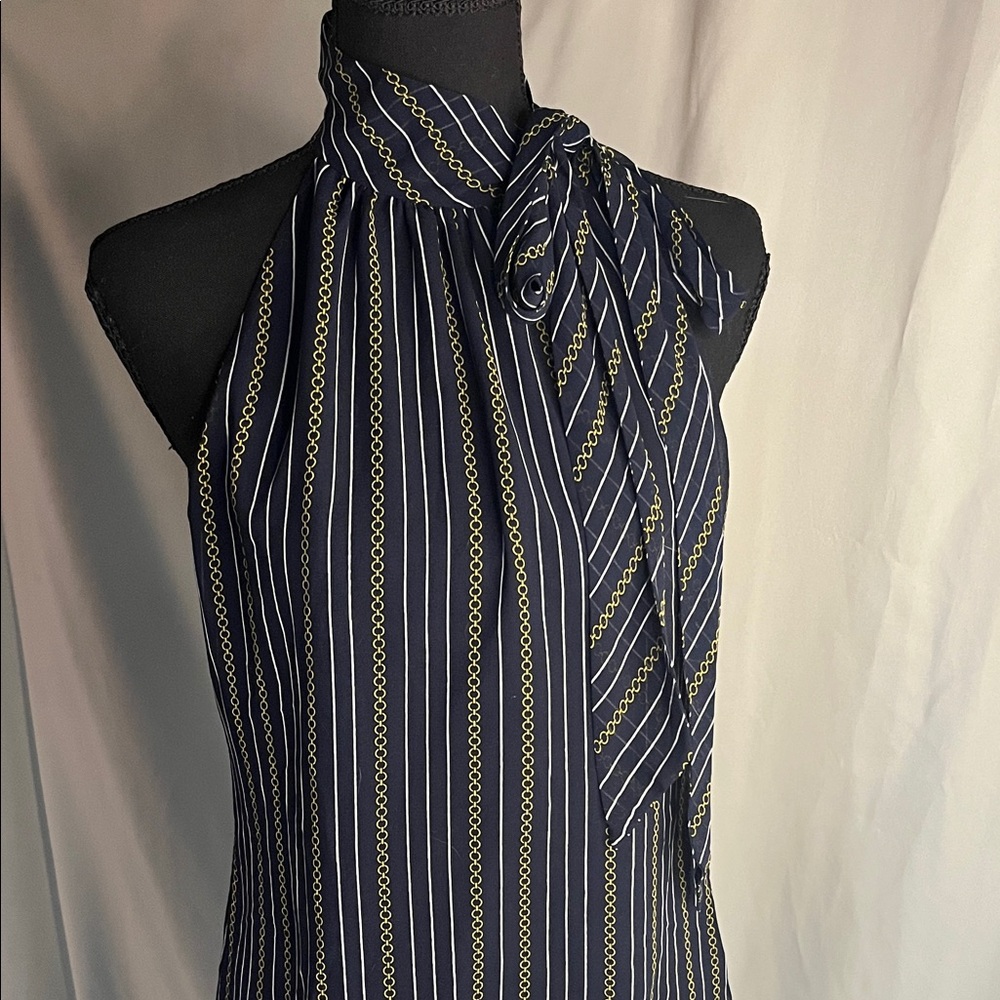 Banana Republic Navy Top with Tie Neck Gold Chain Accents